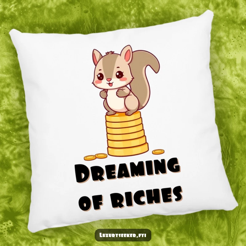 Funny squirrel pillow featuring a mischievous character balancing on a large pile of shiny gold coins, perfect for a cozy accent.