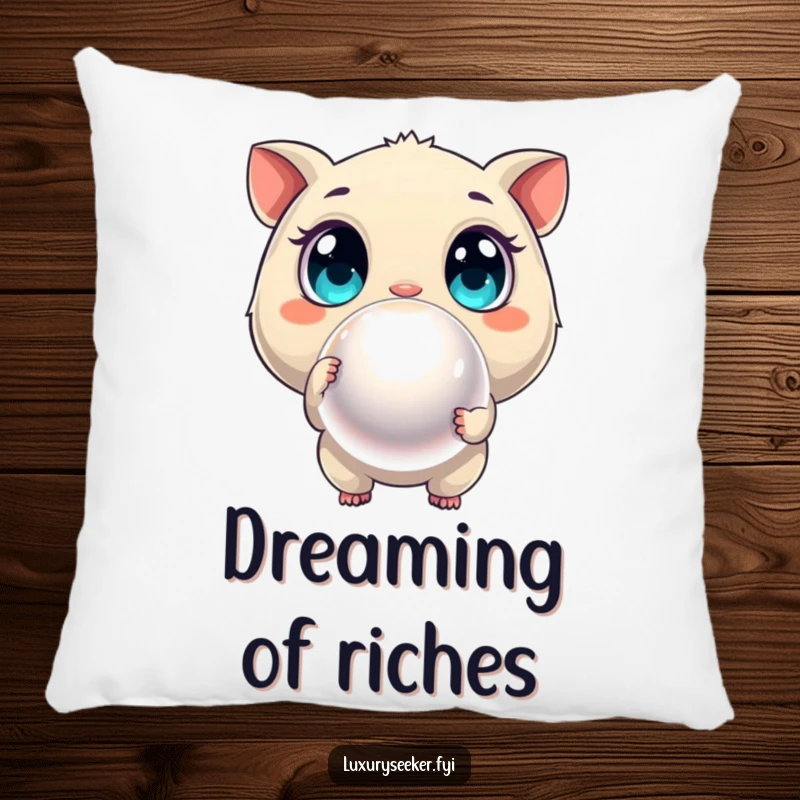 Funny pillow with a curious creature making a wide-eyed gesture towards a large, shimmering pearl, offering comfort and imagination.