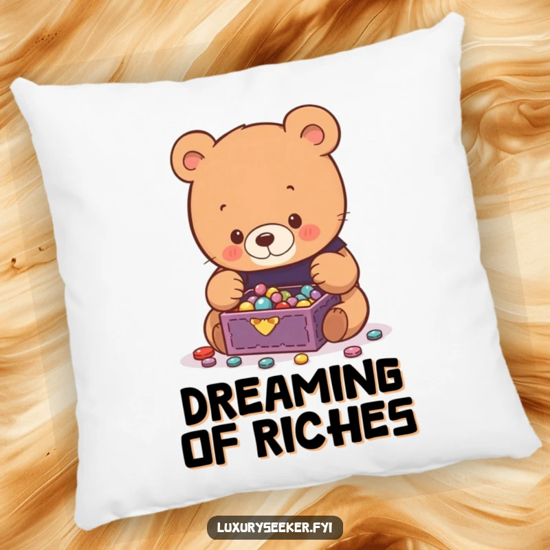 Funny Bear Pillow featuring a curious bear gazing intently at a tiny jewelry box overflowing with shimmering jewels, adding charm.