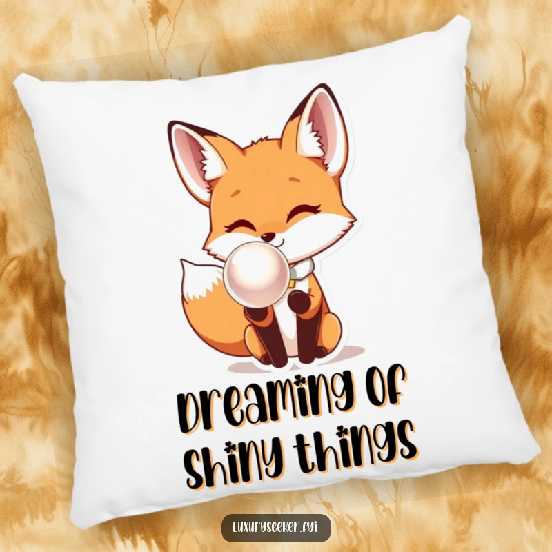 Funny Fox Pillow: A sophisticated fox in a bow tie curiously inspects a large, lustrous pearl, adding humorous comfort.