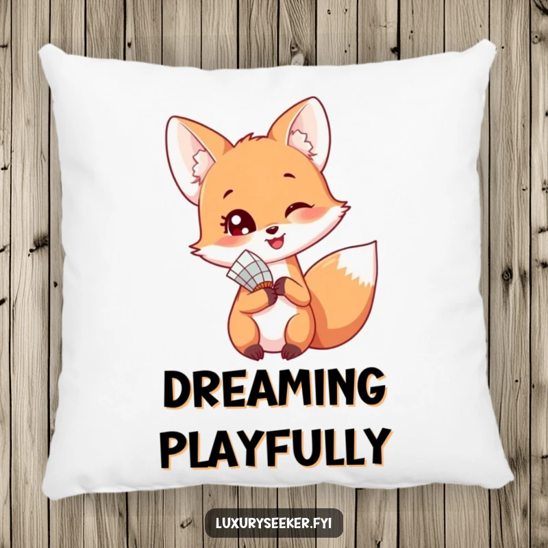 Funny pillow depicting a happy fox holding a small fan, looking over its shoulder playfully and charmingly.
