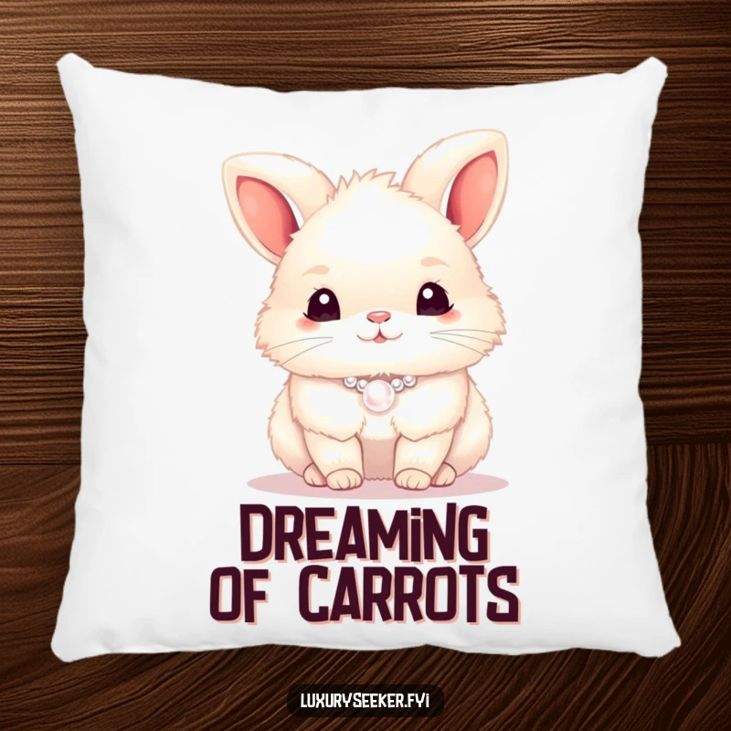 Funny fluffy bunny with a pearl necklace on a soft pillow, adding cute decor, a funny gift.