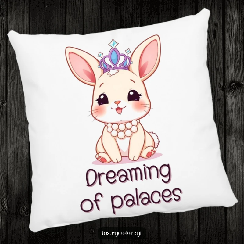 Funny pillow featuring a happy bunny with a pearl necklace, admiring a sparkling tiara, bringing cozy charm and regal elegance.