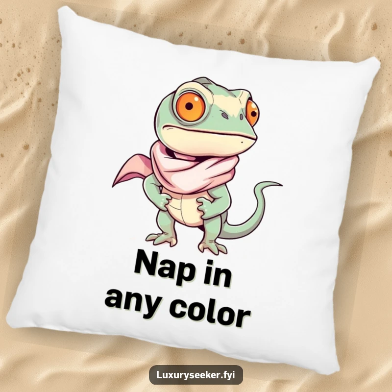 Funny chameleon lounging elegantly with a silk scarf on a plush pillow, radiating comfort and sassy confidence, a great funny gift.