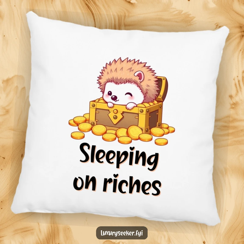 Funny throw pillow with a curious hedgehog peeking into a treasure chest overflowing with gold coins, offering comfort and charm.