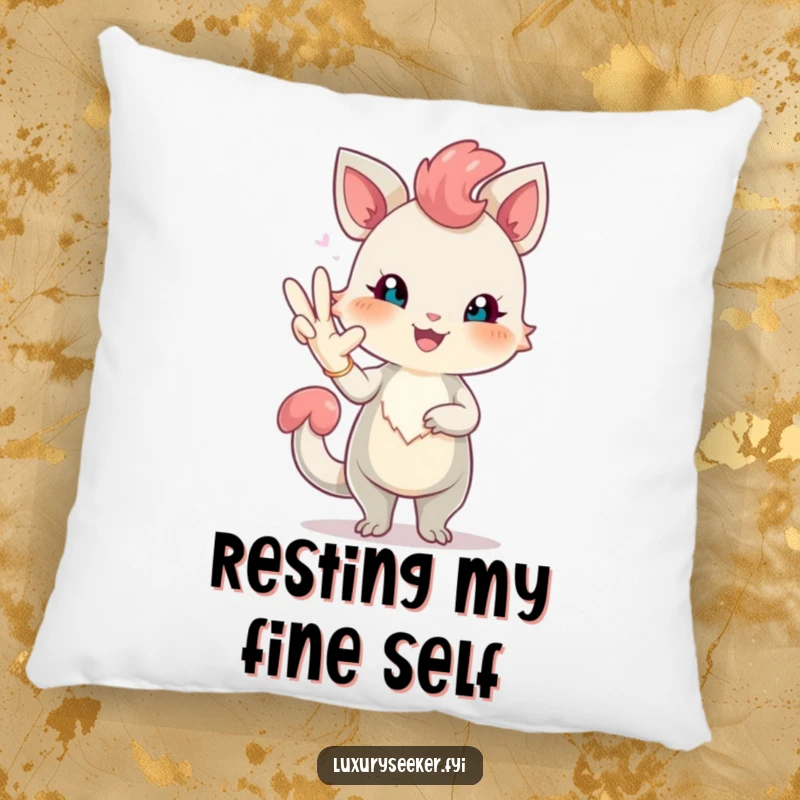 Funny pillow featuring a cheerful creature with rosy blush posing elegantly with a long, elegant glove, offering cozy and humorous comfort.