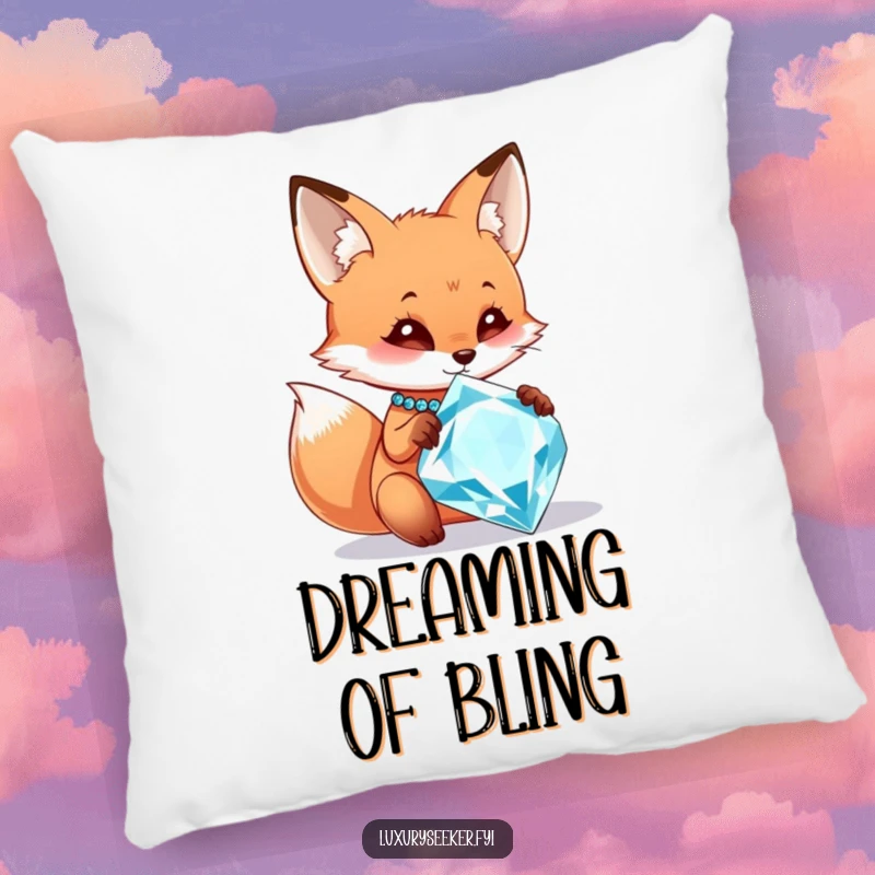 Funny pillow with a curious fox character admiring a large, sparkling diamond necklace, offering plush comfort and humorous charm.