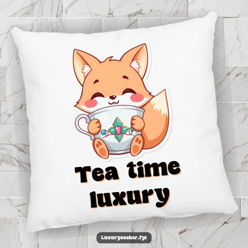 Funny pillow featuring a joyful fox character holding a fancy, jeweled teacup with a smile, bringing cozy, elegant comfort to any room.