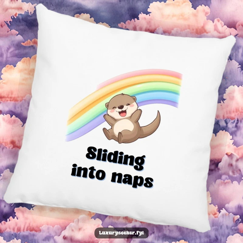 Funny Otter Pillow featuring a joyful otter sliding down a rainbow made of shimmering silk ribbons, providing cozy and humorous decor.