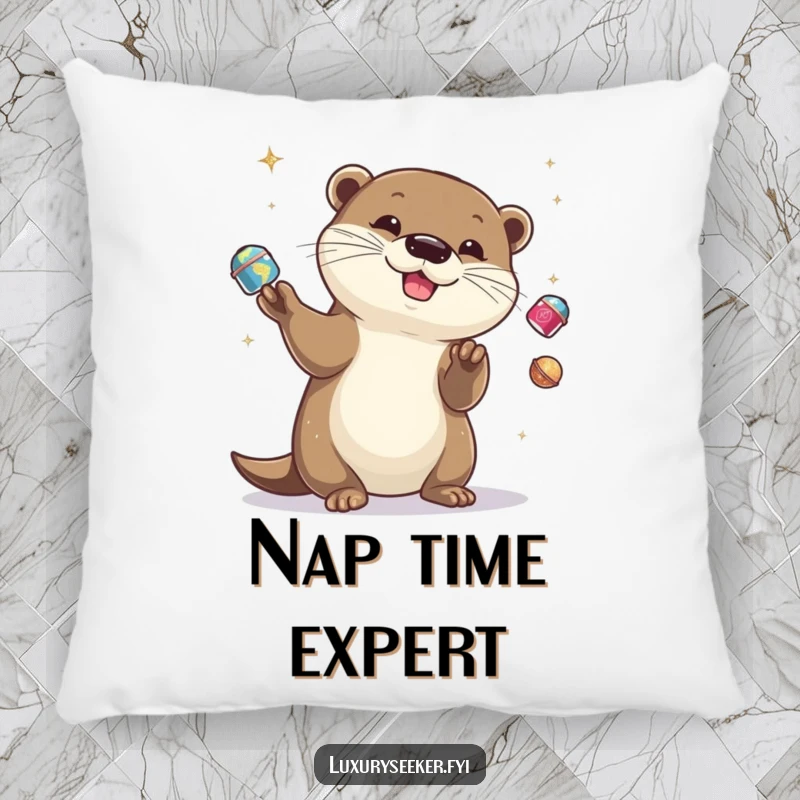 Funny otter juggling shiny objects on a soft pillow, adding playful decor, a funny gift.