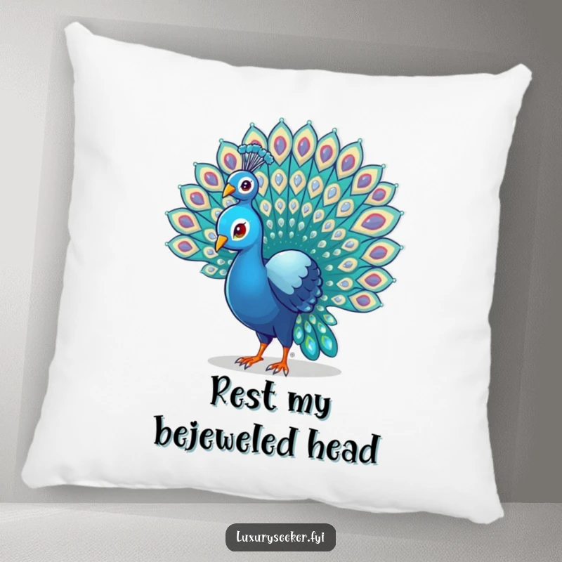 Funny Peacock Pillow featuring a proud bird showing off its tail feathers adorned with small, shiny gems, adding humor and elegance.
