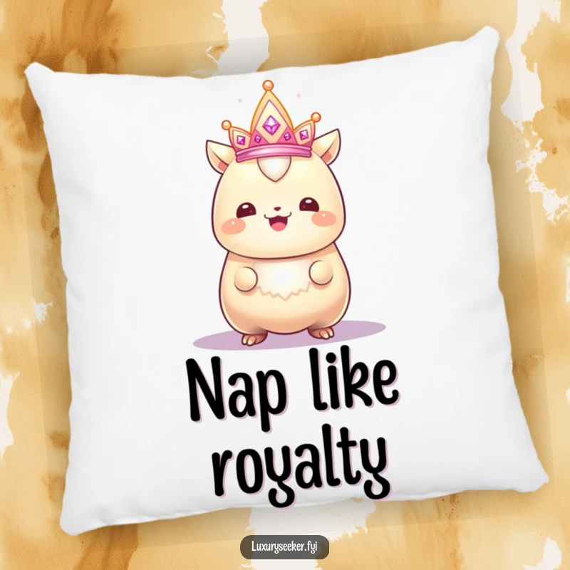 Funny pillow featuring a gleaming creature with a proud smile admiring a sparkling, tiny crown, offering cozy and humorous regal comfort.