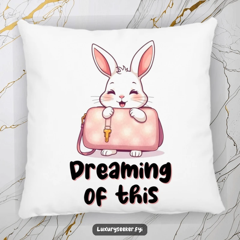 Funny Pillow showing a delighted rabbit examining a shimmering, oversized handbag, adding comfort and style.