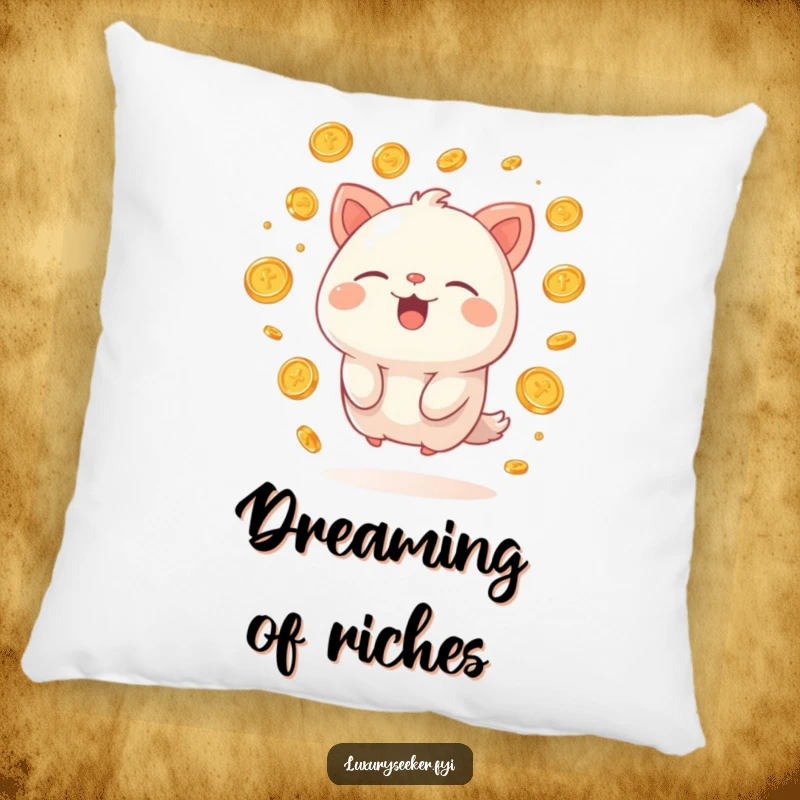 Funny pillow featuring a happy creature sighing contentedly, surrounded by floating golden coins, providing cozy and humorous comfort.