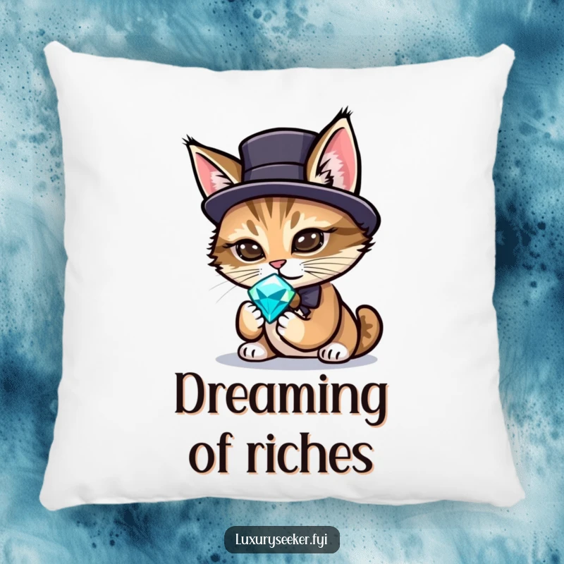Funny pillow with a sophisticated cat wearing a small top hat, gazing intently at a shiny, precious gemstone.
