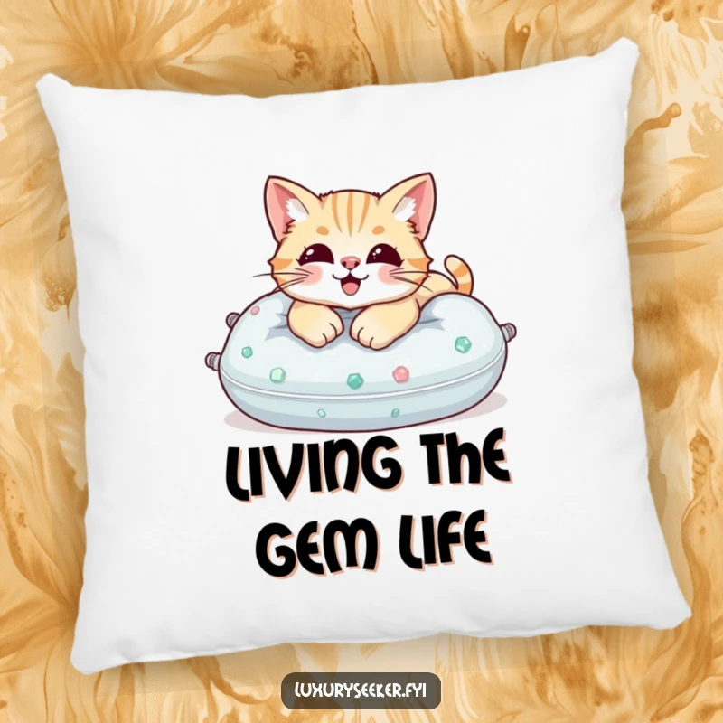 Funny Pillow: A soft cushion showcasing a content cat lounging on a plush pillow covered in gemstones.