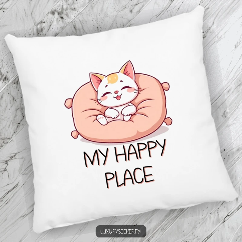 Funny pillow featuring a happy cat character lounging on a plush, oversized velvet cushion, bringing cozy, luxurious comfort to any room.