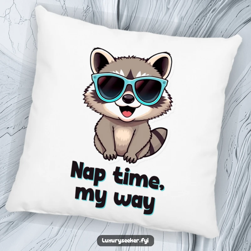 Funny Raccoon Pillow featuring a delighted raccoon sporting oversized diamond sunglasses, adding a touch of funny charm to any couch or bed.