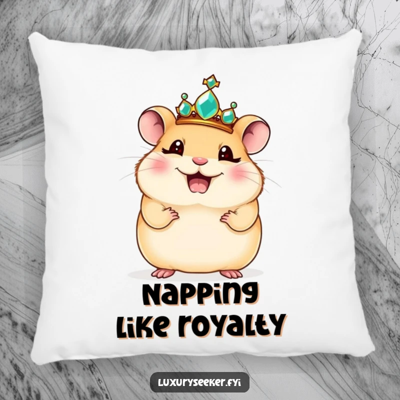 Funny pillow: A giggling hamster wearing a jeweled crown sits in a regal pose, offering soft, comical comfort.