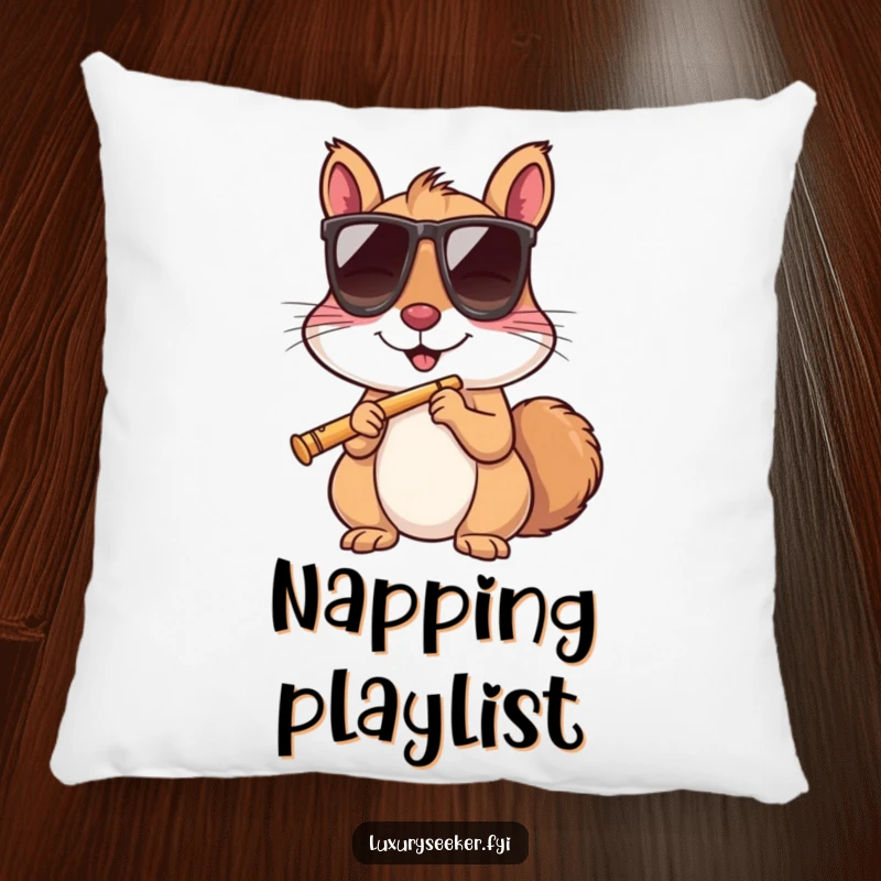 A plush pillow featuring a funny squirrel wearing sunglasses and holding a tiny flute, adding humor to decor.