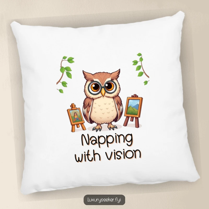 Funny pillow featuring a wise owl with a monocle, overseeing a tiny art gallery, providing cozy and humorous decorative flair for art lovers.