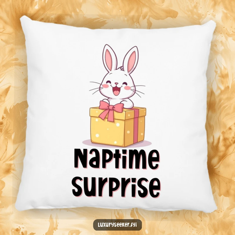 Funny Pillow: A happy rabbit excitedly opens a perfectly wrapped gift box, bringing comfort and a symbol of pure, joyful anticipation.