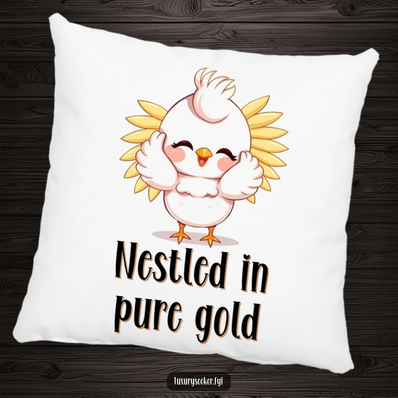 Funny Bird Pillow: A happy bird preens, scattering golden feathers, making this a soft, humorous, and decorative accent cushion.