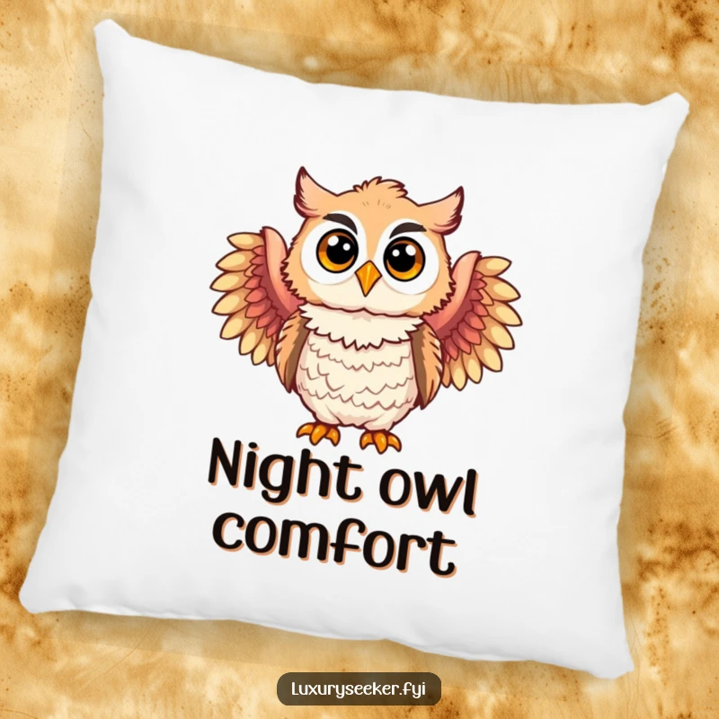 Funny pillow with a joyful owl character wearing luxurious feathered boas, offering comfort and a touch of fancy elegance.