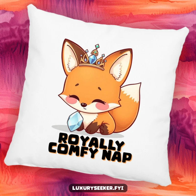 Funny Pillow showing a cheerful fox in a sparkly tiara, admiring a jewel, perfect for cozy decor.
