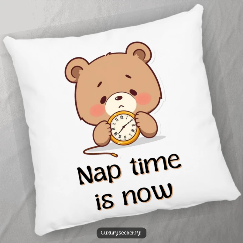 Funny pillow with a determined bear character examining a golden pocket watch, offering comfort and a reminder of focused time.
