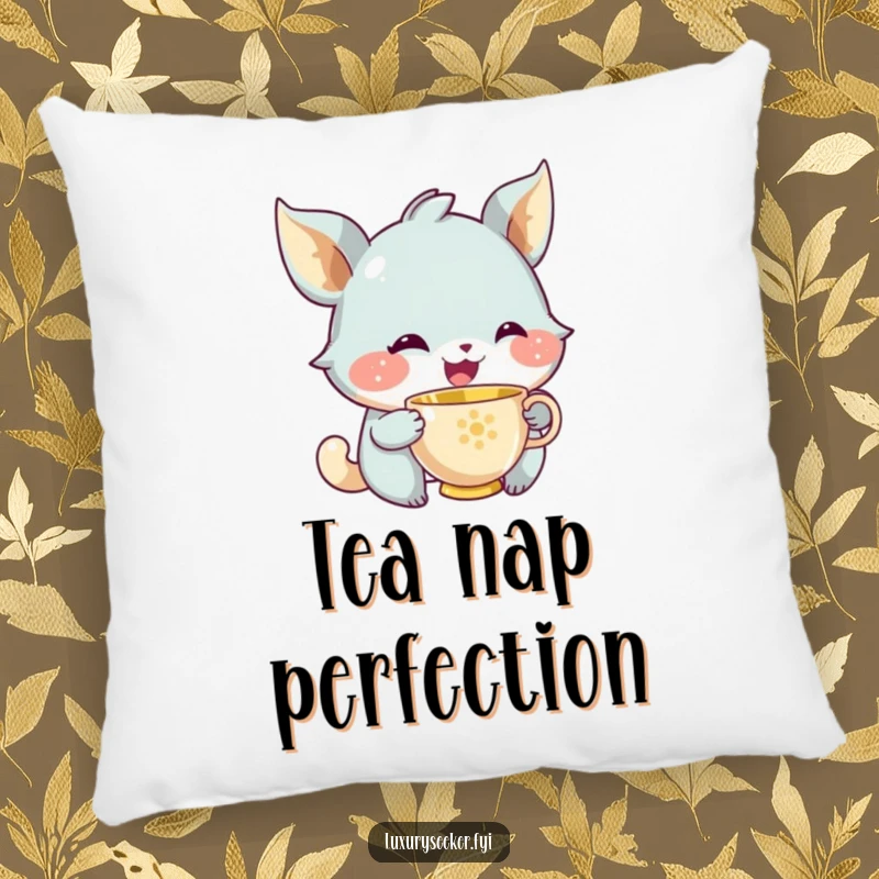 Funny pillow design featuring a joyful creature with a knowing smile sipping from a tiny golden teacup, celebrating peaceful moments.