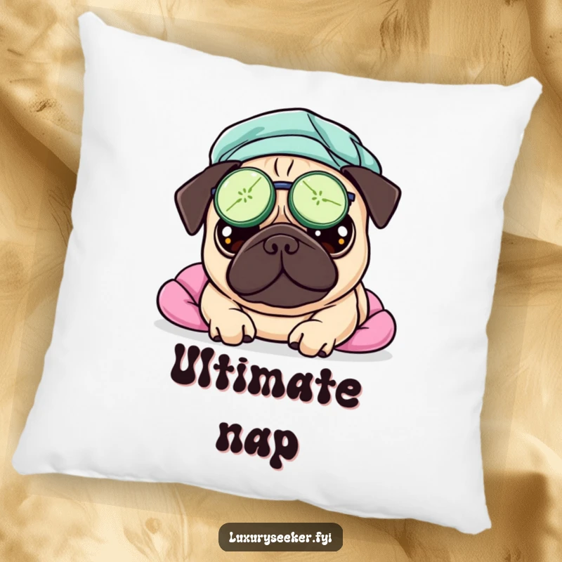 Funny pillow with a pampered pug wearing cucumber slices on its eyes, radiating peacefulness and humor.