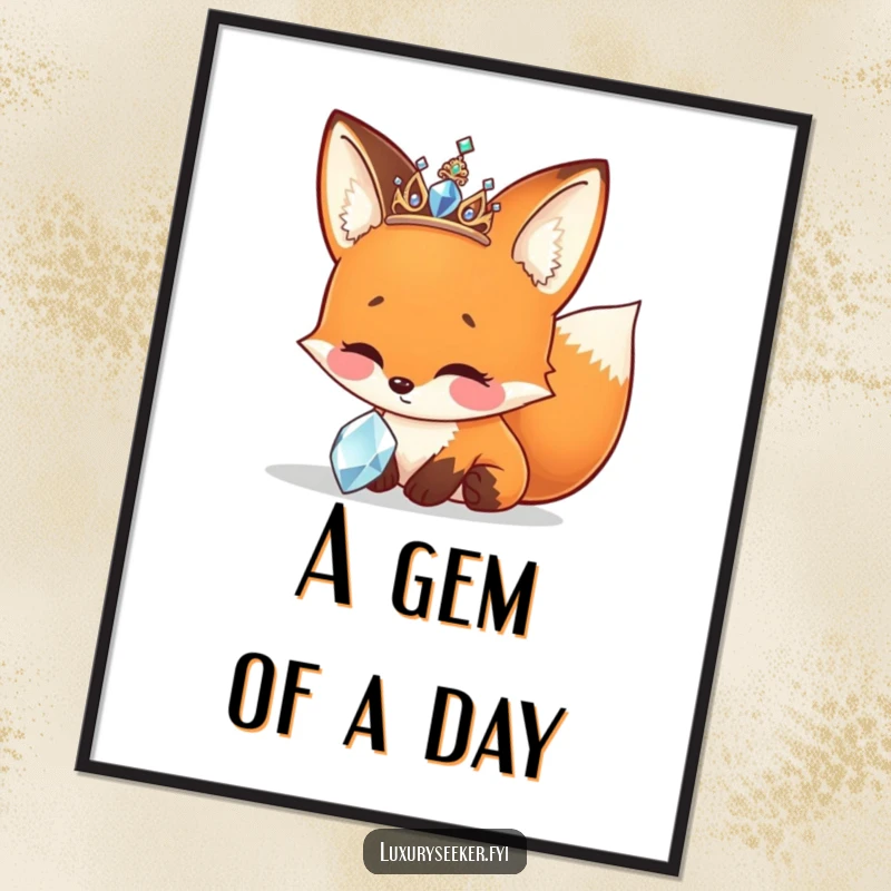 Funny Digital Art Print captures a cheerful fox in a sparkly tiara, admiring a glittering jewel.