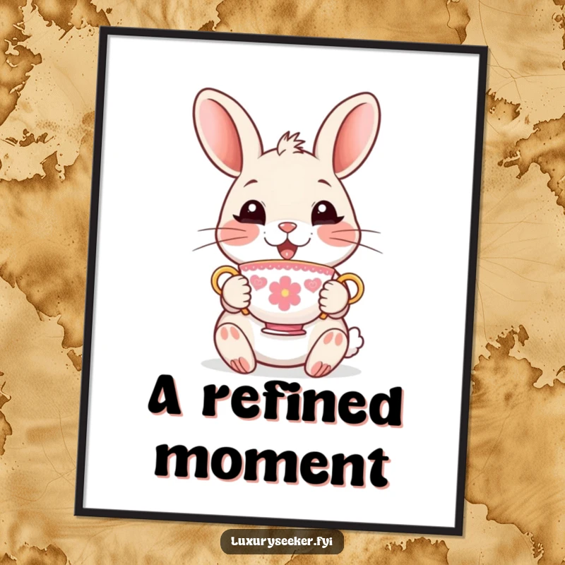 Funny Digital Art Print of a delighted rabbit character holding a tiny, ornate teacup, offering instant refined humor.