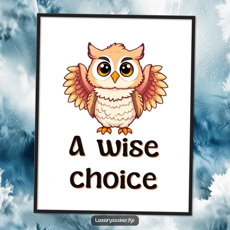Funny digital art print of a joyful owl character wearing elegant feathered boas, adding a touch of whimsical sophistication.
