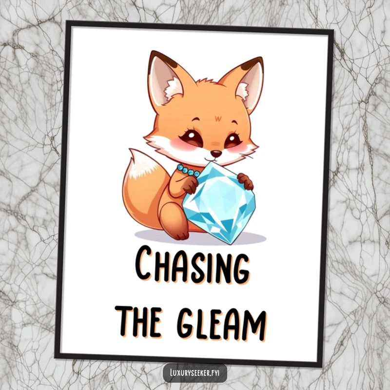 Funny digital art print of a curious fox character admiring a large, sparkling diamond necklace, capturing a moment of humorous desire.