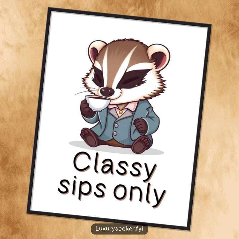 Funny digital art print of a badger in a silk smoking jacket, sipping tea, providing an instant download of sophisticated and humorous wall decor.
