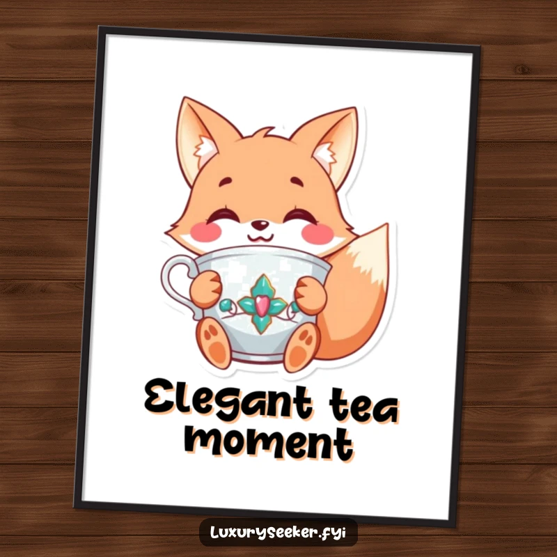 Funny digital art print of a joyful fox character holding a fancy, jeweled teacup with a smile, embodying sophisticated and cheerful tea time.