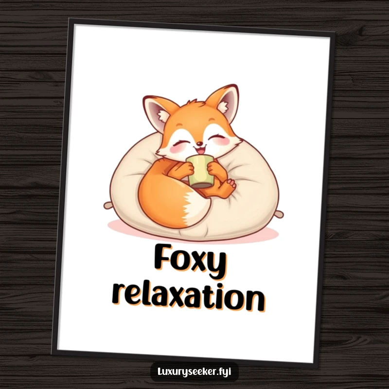 Funny Digital Art Print: A joyful fox lounges on a plush velvet pillow with a cup, bringing instant relaxation and cozy charm.