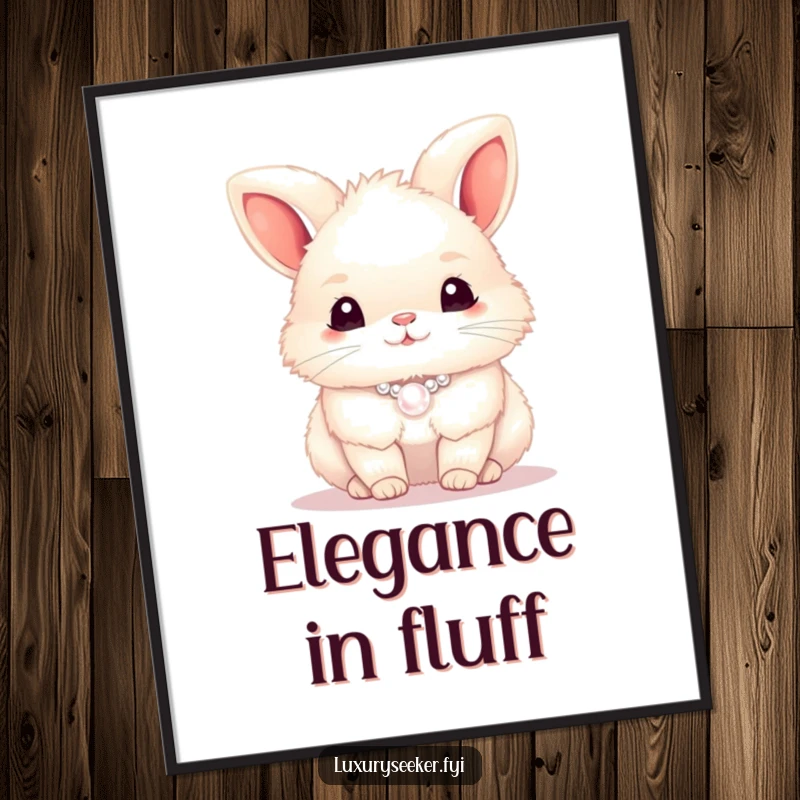 Funny fluffy bunny wearing a shimmering pearl necklace, presented as a downloadable digital art print, a funny gift.