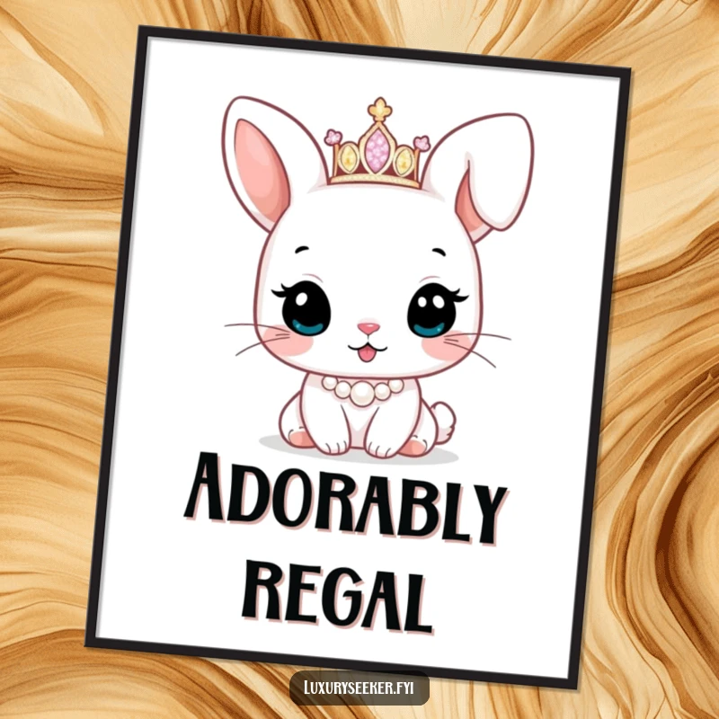 Funny digital art print of a cute bunny character wearing a tiny sparkling tiara and pearl necklace, exuding adorable, royal beauty.