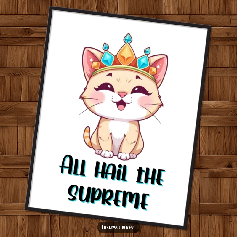 Funny Digital Art Print of a happy cat character adorned with an oversized, jeweled crown, offering instant regal humor.