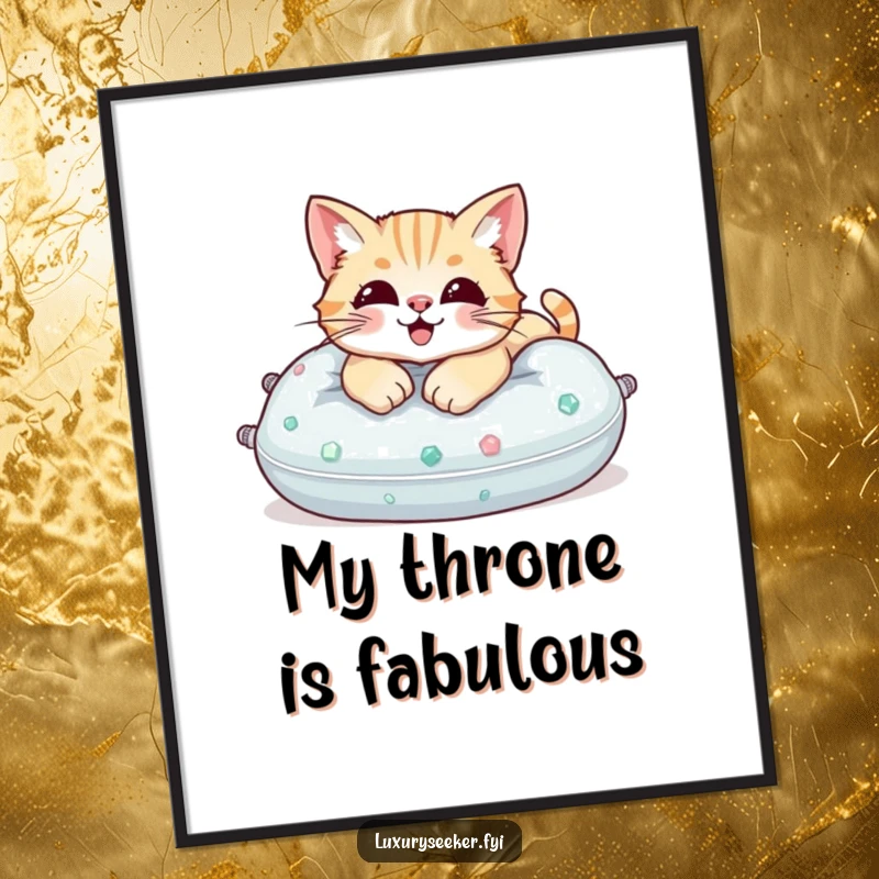 Funny Digital Art Print: A content cat lounging elegantly on a plush pillow covered in sparkling gemstones.