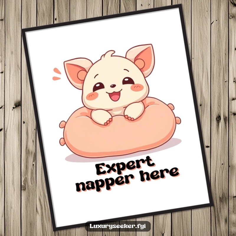 Funny digital art print of a delighted creature letting out a happy sigh while reclining on a luxurious velvet cushion for home decor.