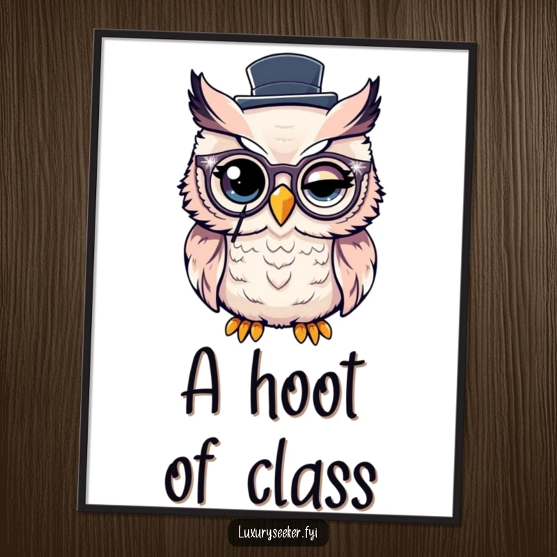 Funny Digital Art Print: Winking owl with monocle and top hat, high-resolution, humorous artwork.