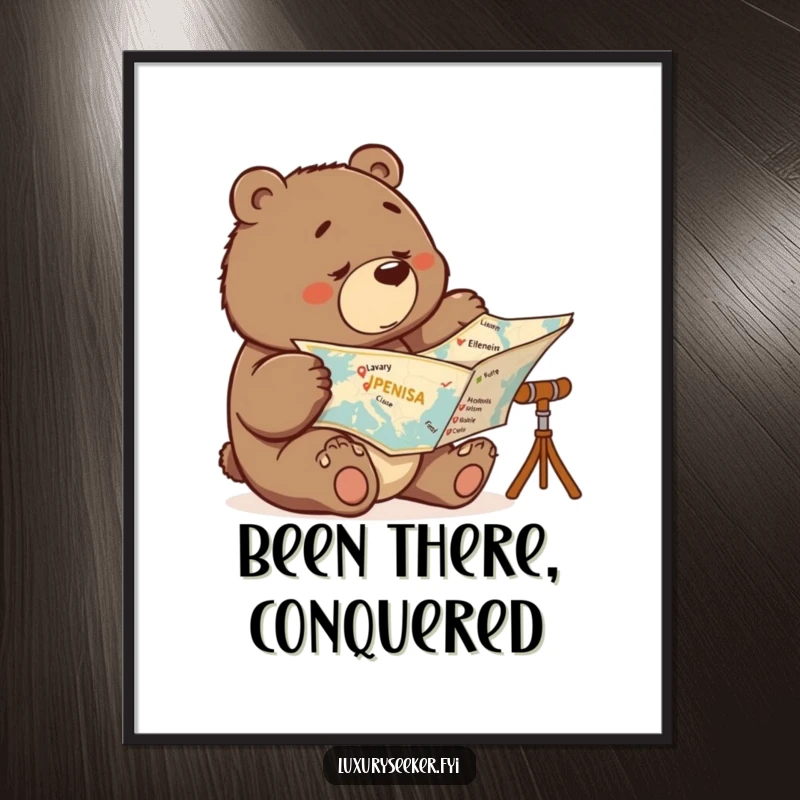 Funny digital art print of a determined bear studying a map, with luxury destinations crossed off, conveying travel ambition.