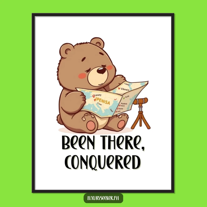 Funny Determined Bear Map Digital Art: Luxury Printable Travel Gift