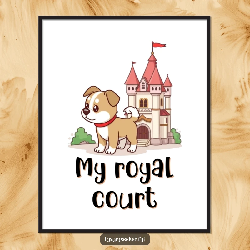 Funny determined dog wagging its tail beside a miniature ornate castle, presented as a downloadable digital art print, a funny gift.