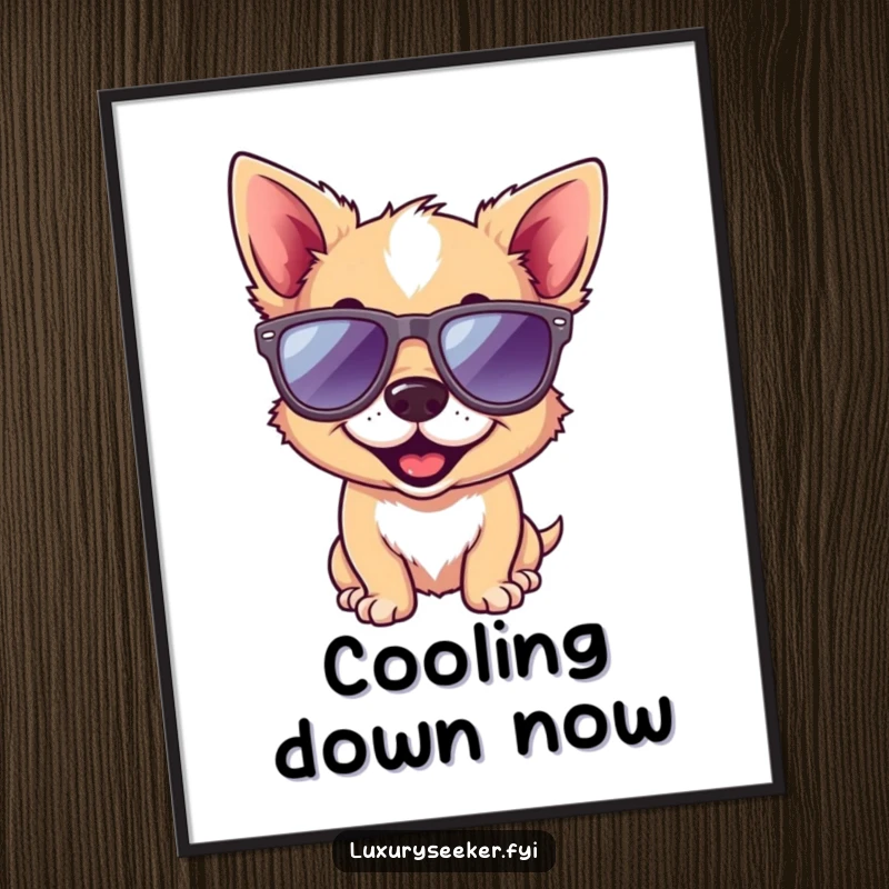Funny dog digital art print of a smiling dog wearing miniature designer sunglasses, offering an instant, humorous, and stylish decoration.