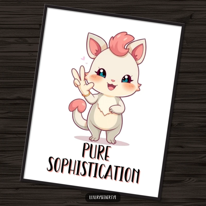 Funny digital art print of a cheerful creature with rosy blush posing elegantly with a long, elegant glove, offering sophisticated and humorous visual appeal.